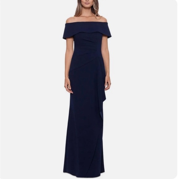 NEW Xscape Off-The-Shoulder Maxi Formal Evening Gown in Navy, Petite Size 12 NWT - Picture 10 of 11